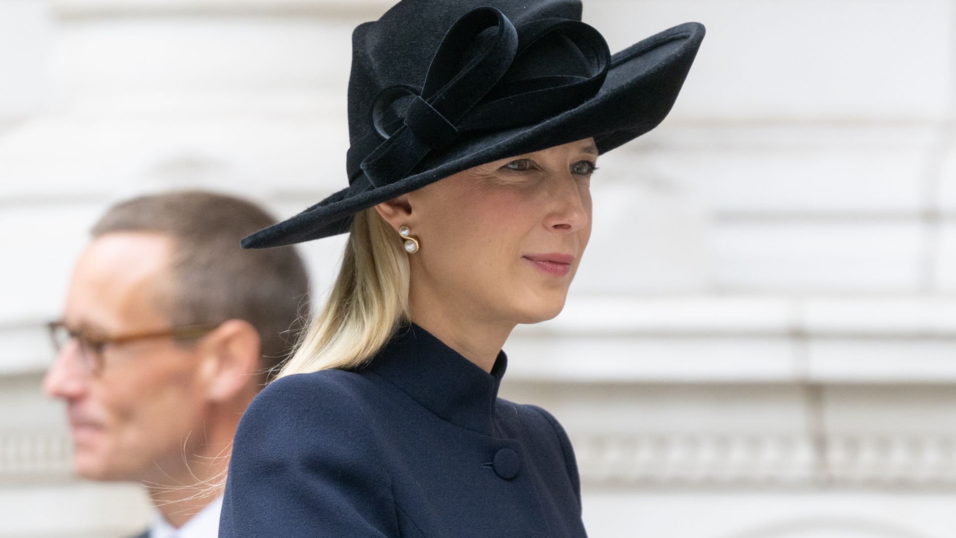 Lady Gabriella Windsor in a blue dress and black hat