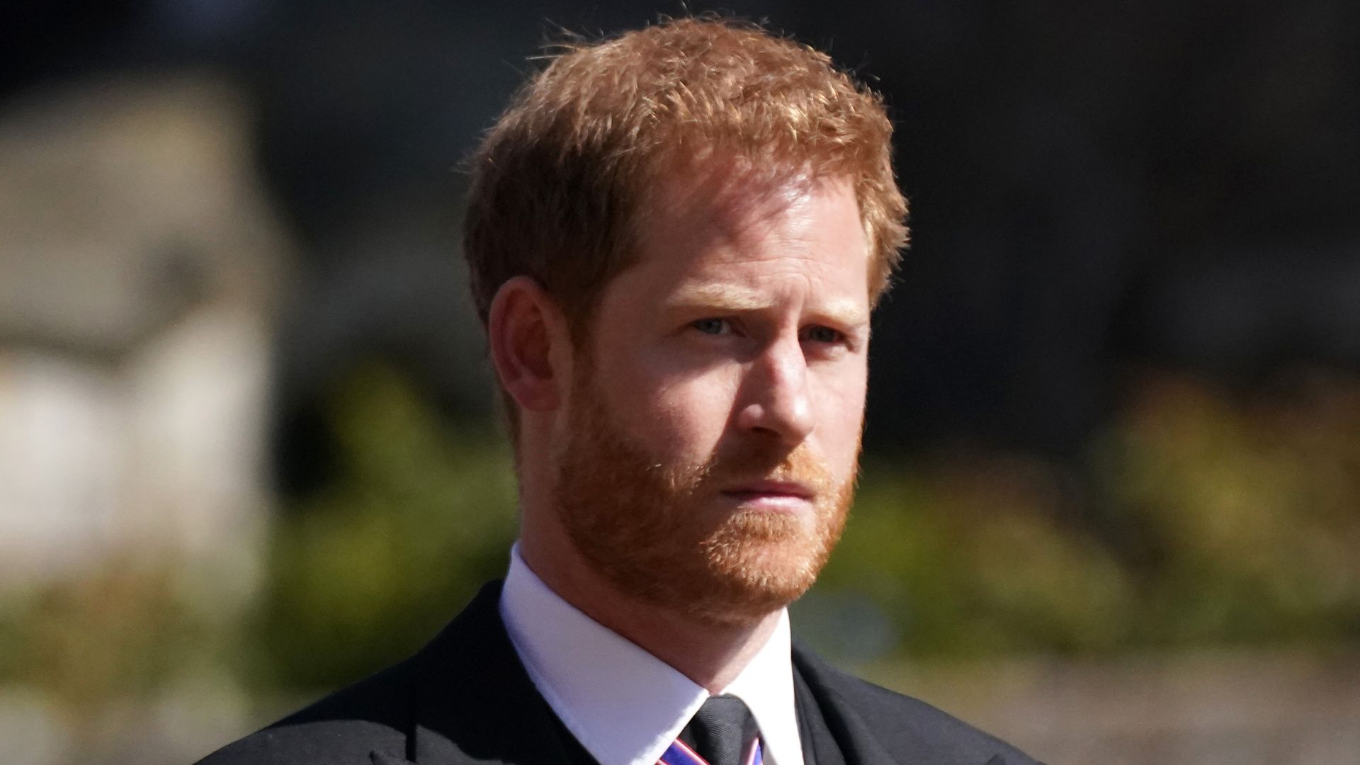 Prince Harry arrives for the funeral of Prince Philip, Duke of Edinburgh at St George's Chapel at Windsor Castle 