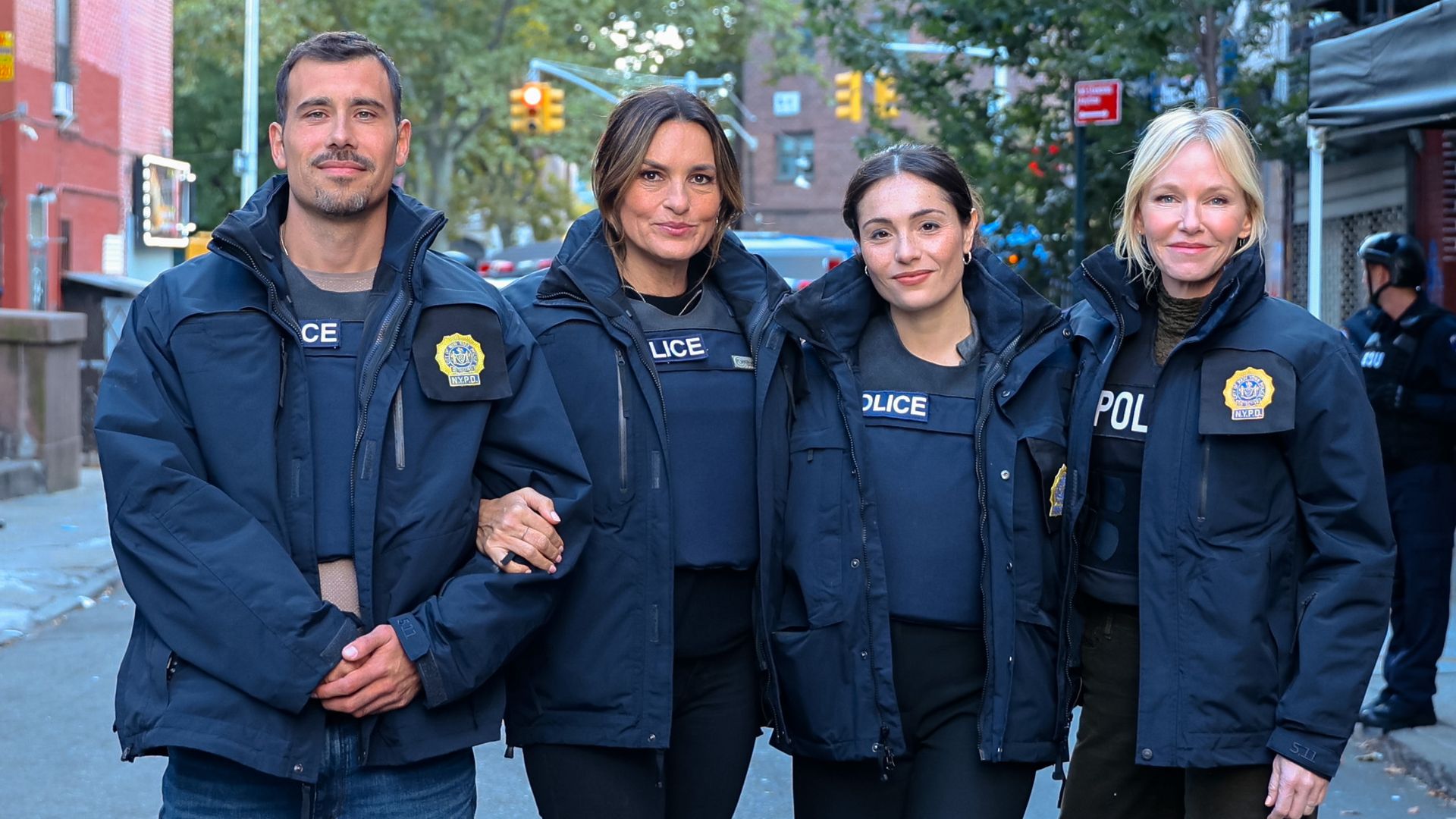 Octavio Pisano, Mariska Hargitay, Juliana Aiden Martinez and Kelli Giddish on set of law and order suv