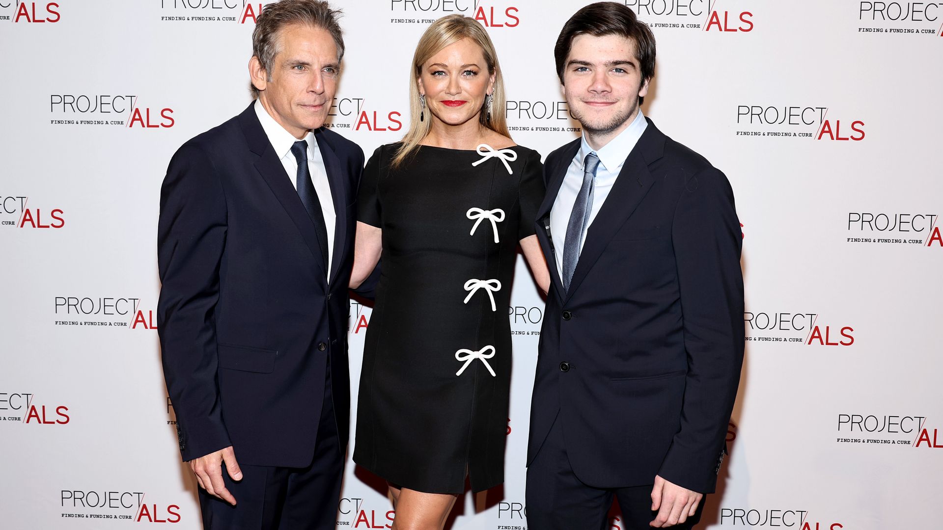 Ben Stiller poses with on-again wife Christine Taylor during rare red carpet appearance with son Quinlin