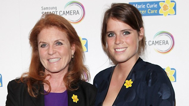 Sarah Ferguson with Princess Eugenie with daffodil chest pins