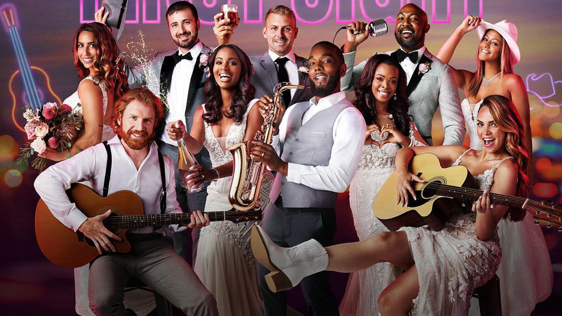 Married at First Sight Nashville contestants pose with instruments in promo photo