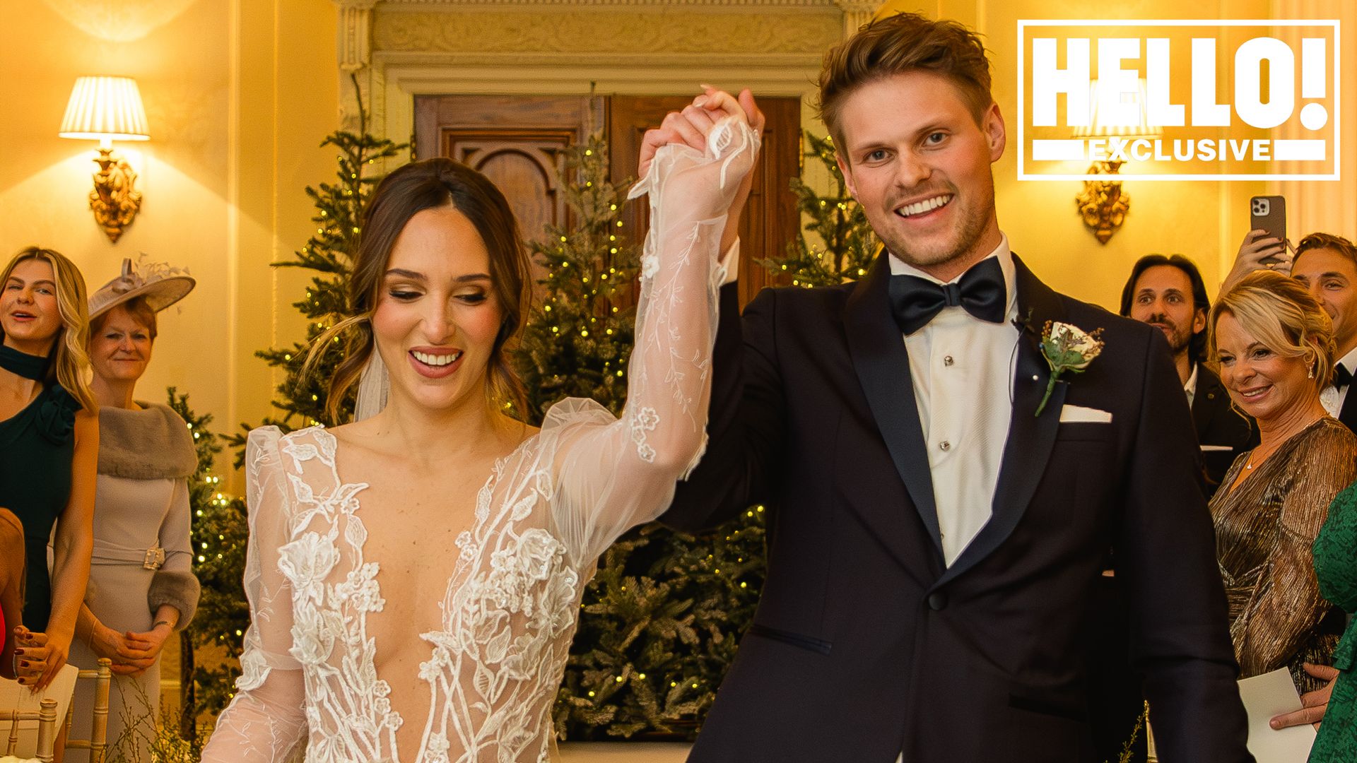 Maeva D'Ascanio and James Taylor holding hands and walking down the aisle