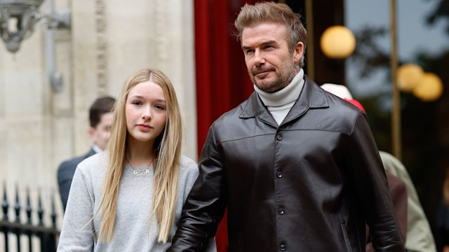 Harper Beckham and David Beckham are seen on September 29, 2024 in Paris, France.  (Photo by Rachpoot/Bauer-Griffin/GC Images)