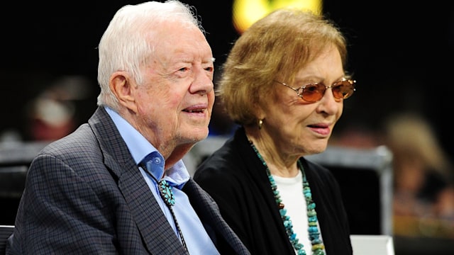 Jimmy and his wife Rosalynn prior to the game between the Atlanta Falcons and the Cincinnati Bengals at Mercedes-Benz Stadium on September 30, 2018 