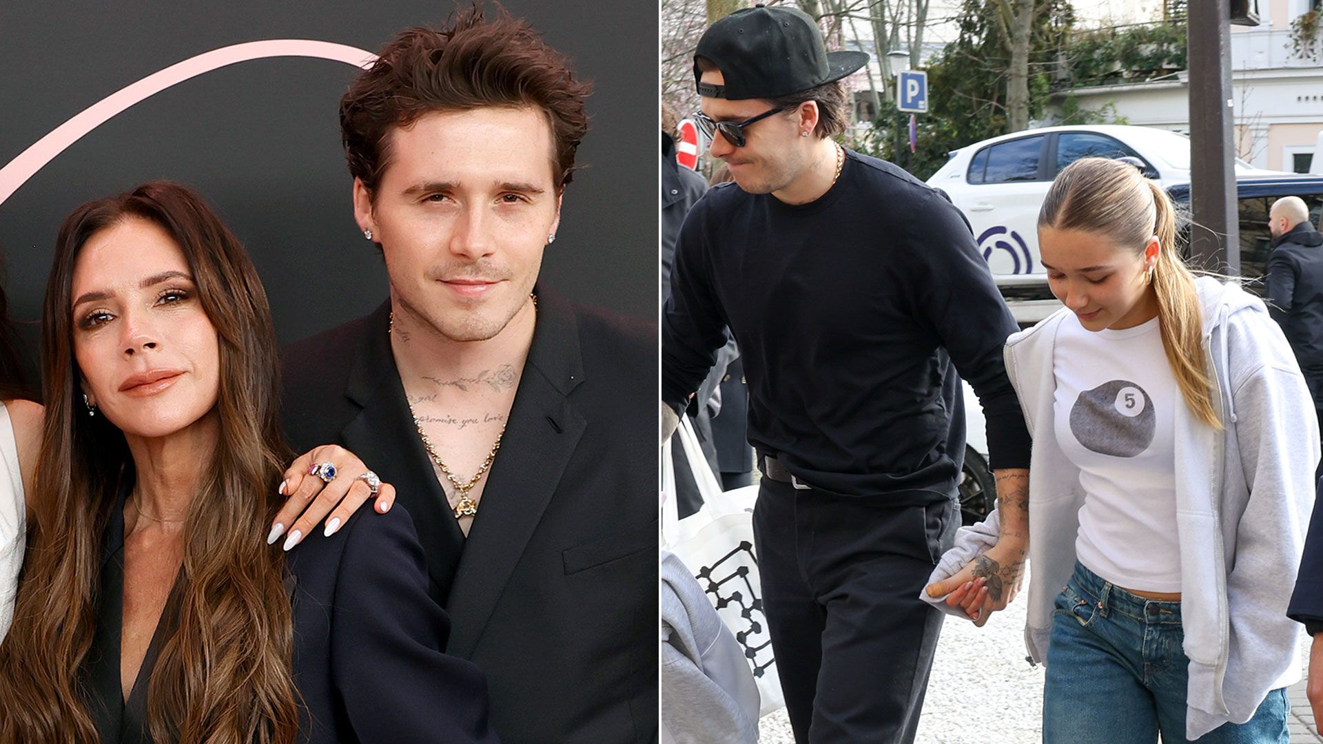 Harper Beckham holding brooklyn's hand outside beside posed photo of victoria beckham and brooklyn