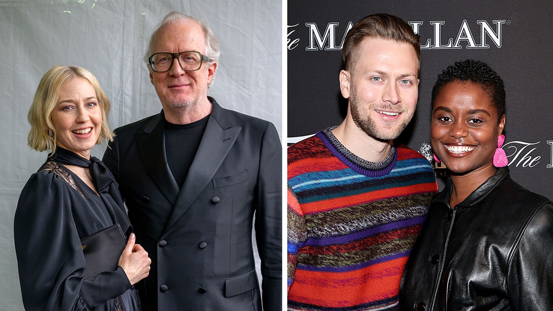 split image of two couples posing on red carpet