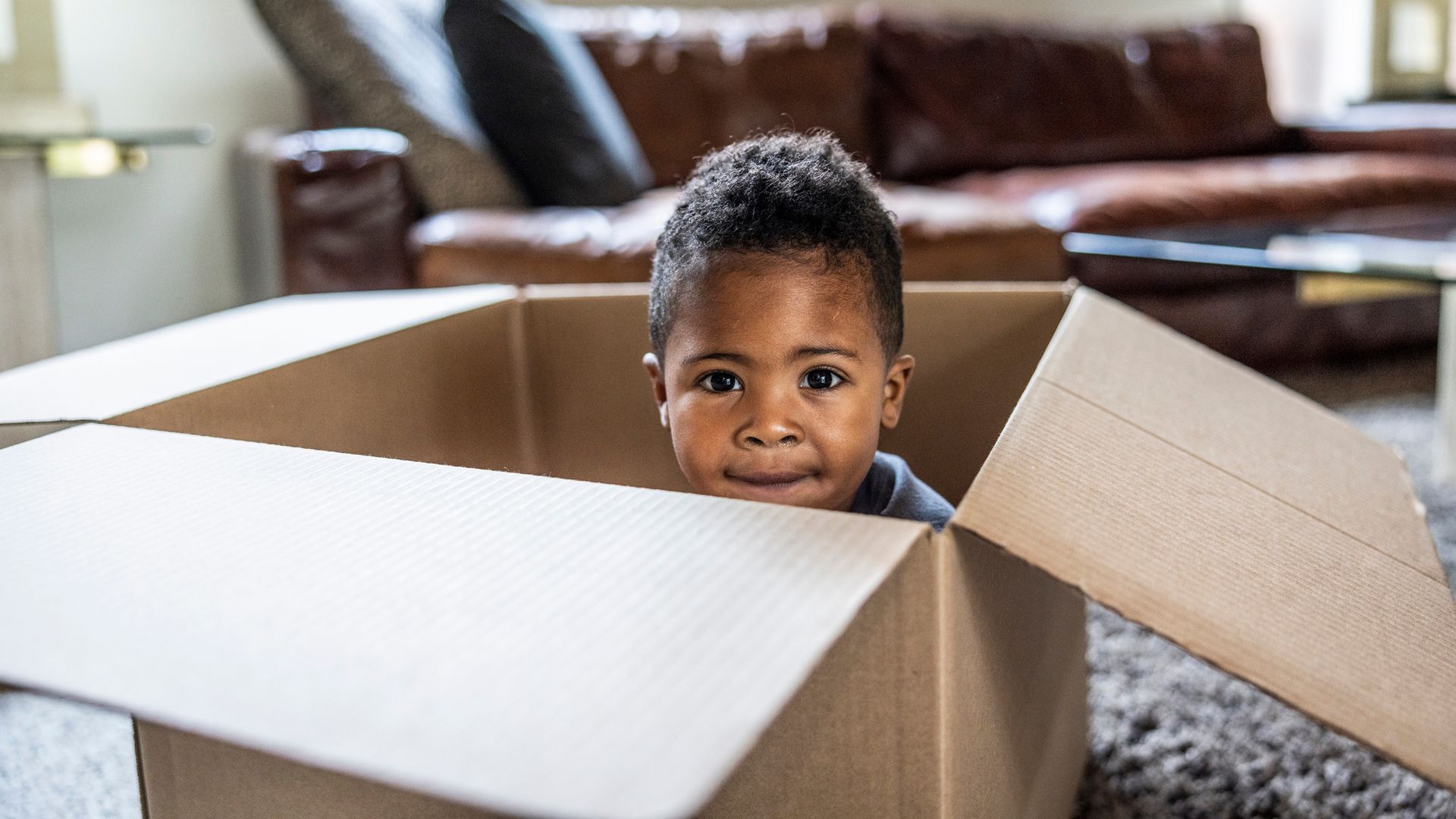 Young boy playing in cardboard box at home