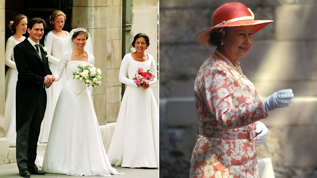 lady sarah and daniel chatto on wedding day and queen elizabeth in coral floral look