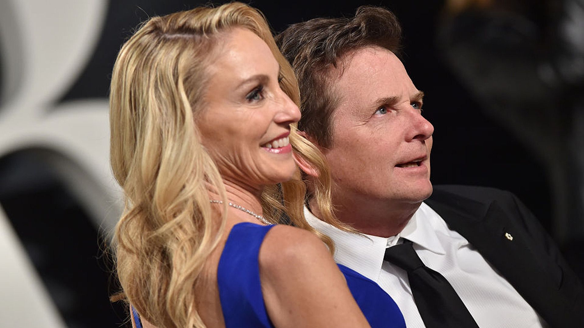 Close up of Michael J. Fox and his wife Tracy Pollan on the red carpet. 