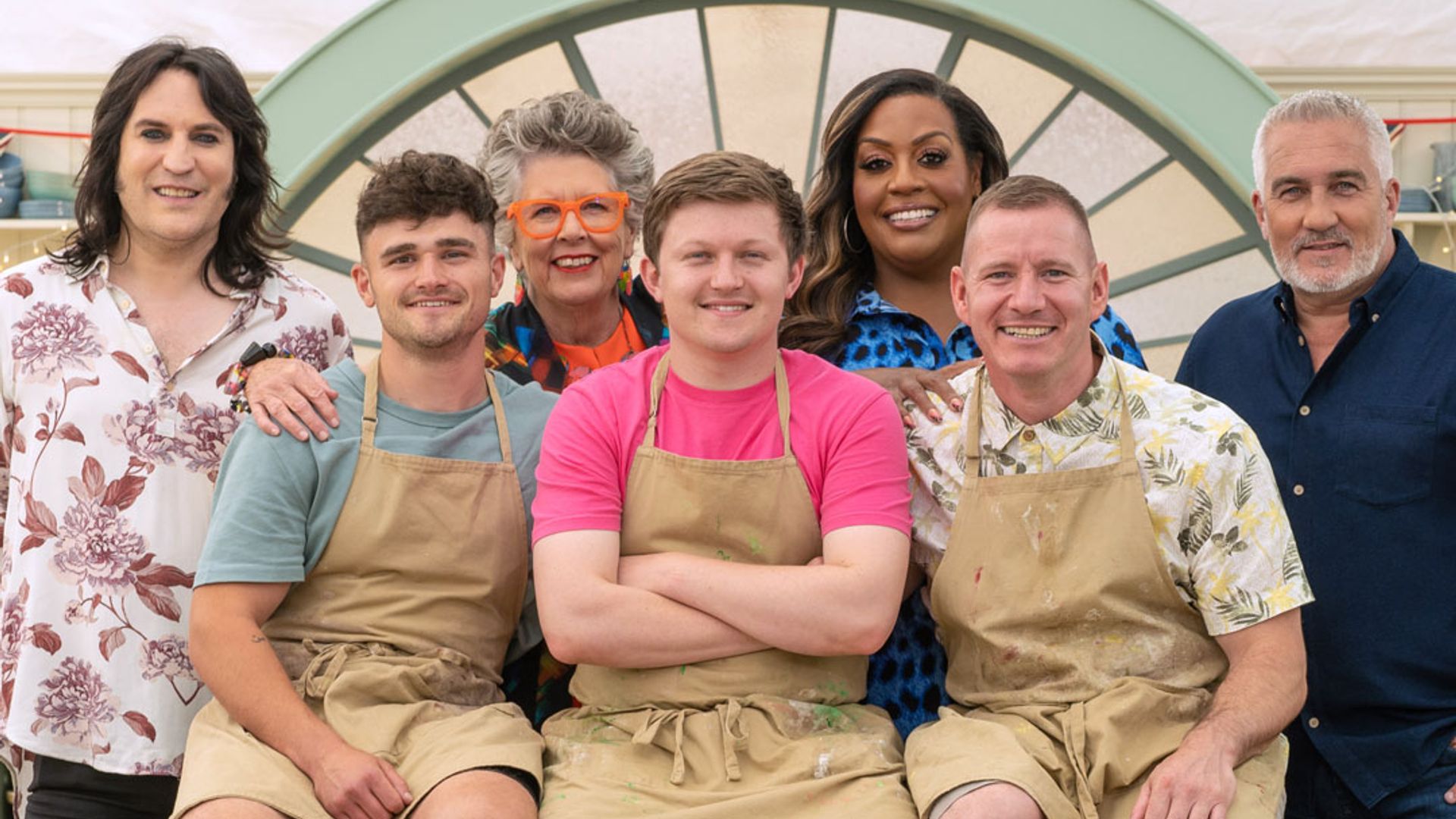 Bake Off 2023 finalists Matty, Josh and Dan with judges and hosts