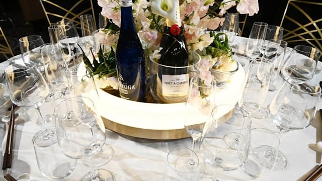 The table setting is seen at the Golden Globe Awards Nominations' Media Preview and Plate Up held at The Beverly Hilton 