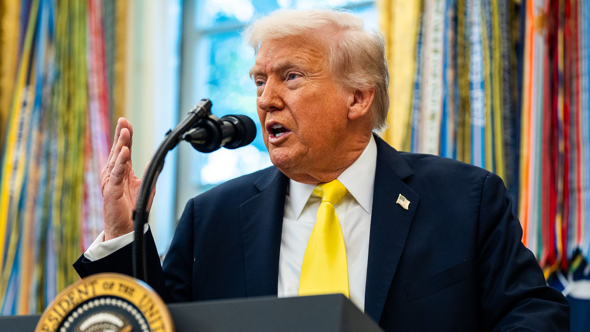 US President Donald Trump speaks during a news conference in the Oval Office of the White House on Wednesday October 15, 2025.