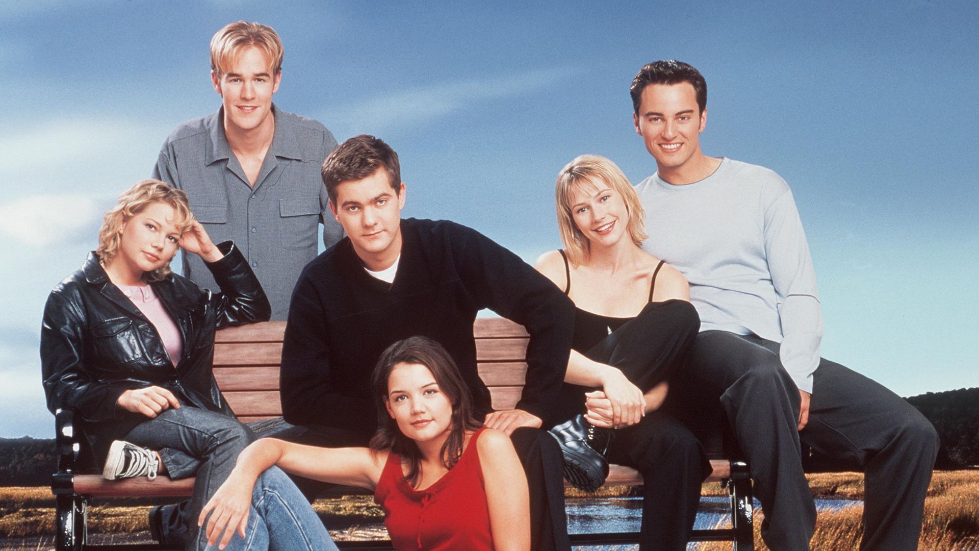 The cast of "Dawson's Creek." (Season 3) Back row: James Van Der Beek. Middle row: Michelle Williams, Joshua Jackson, Meredith Monroe and Kerr Smith. Front row: Katie Holmes. 2000 Columbia/TriStar International Television. A Sony Pictures Entertainment Company.