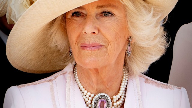 Queen Camilla wearing a hat at St George's Chapel on June 17, 2019 in Windsor, England. 