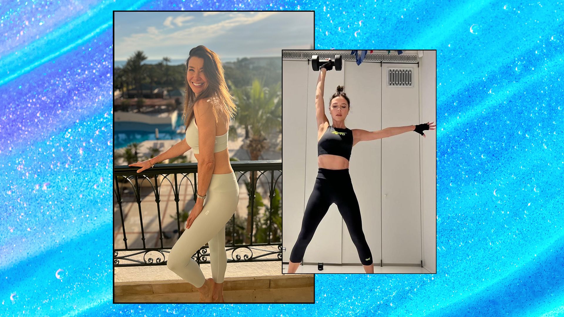 collage of rosie green and victoria beckham in gym clothes