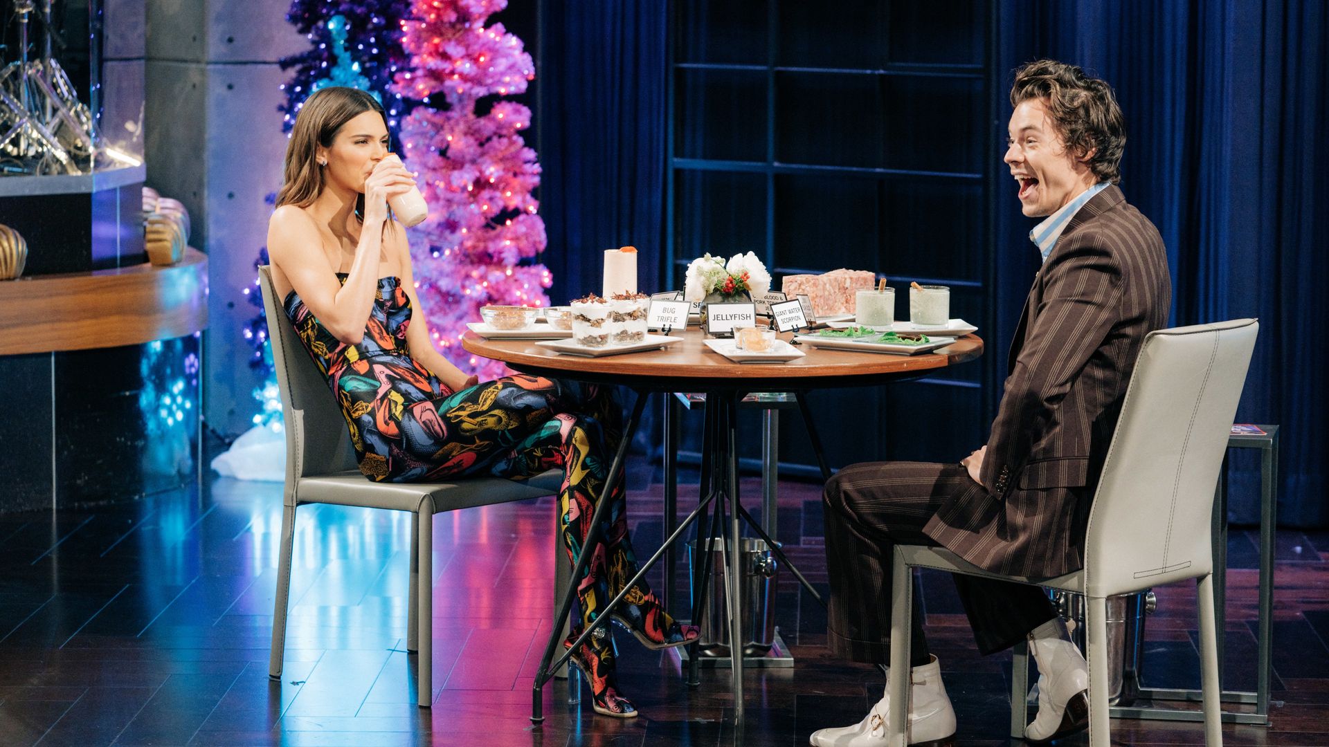 Kendall and Harry Styles sat on The Late Late Show with a table full of food options in front of them