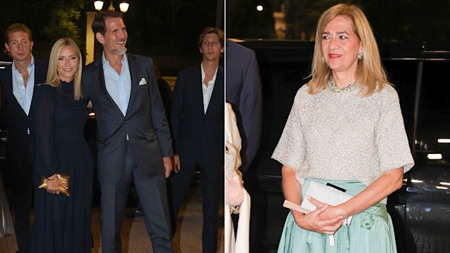 Split image of Crown Princess Marie-Chantel with Crown Prince Pavlos and Infanta Cristina