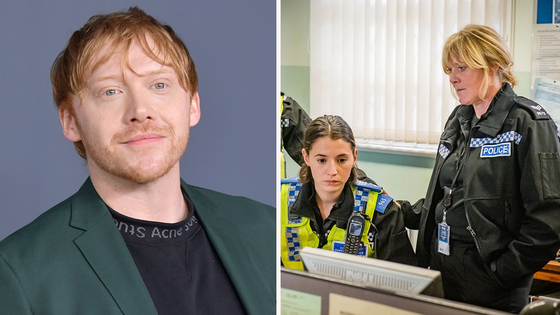 Rupert Grint, split image with scene from Happy Valley (Charlie Murphy, Sarah Lancashire)