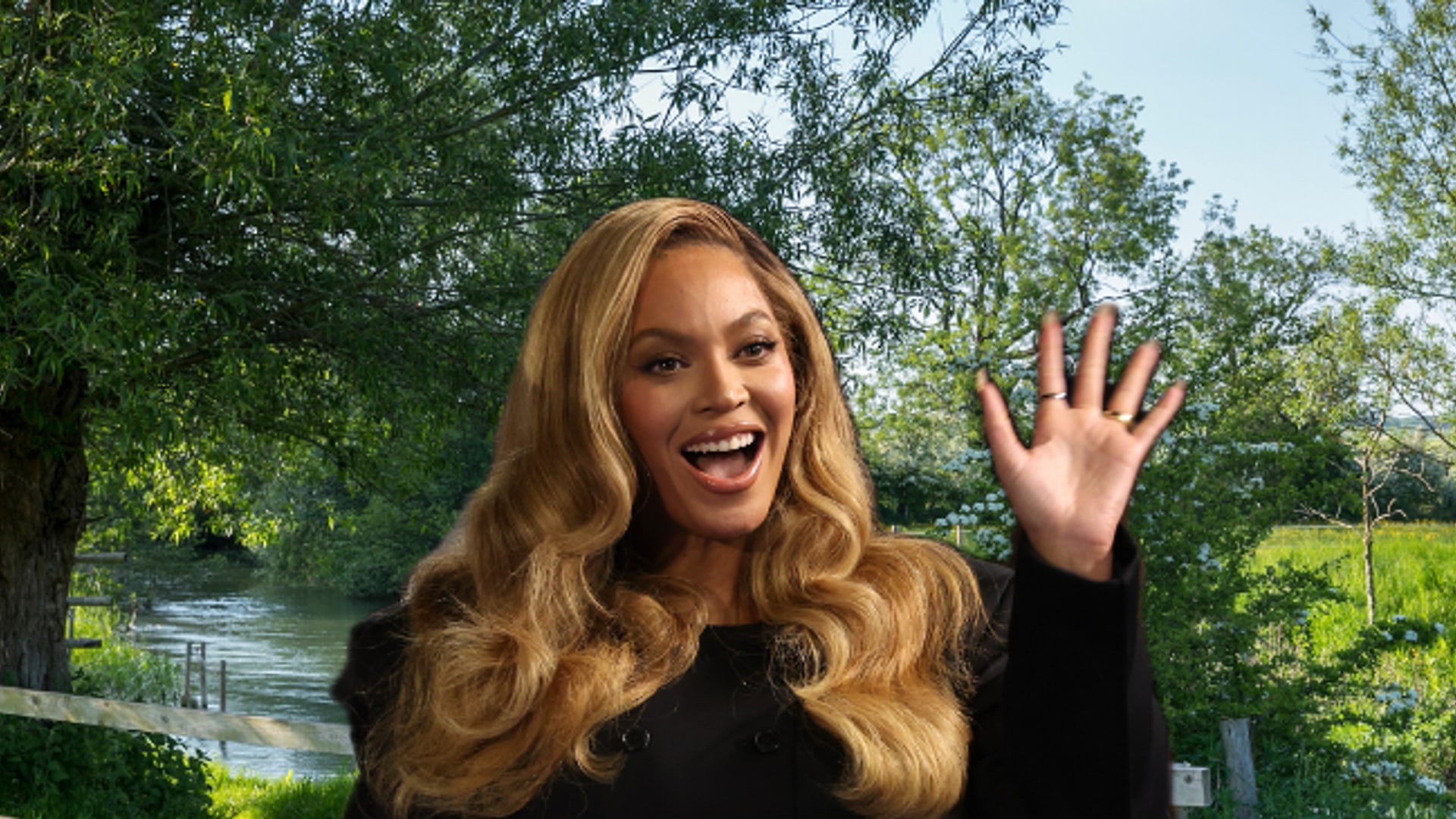 beyonce waving with countryside background 