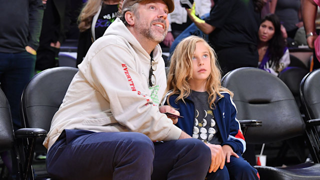 Actor Jason Sudeikis and son are seen prior to game four of the Western Conference Finals 