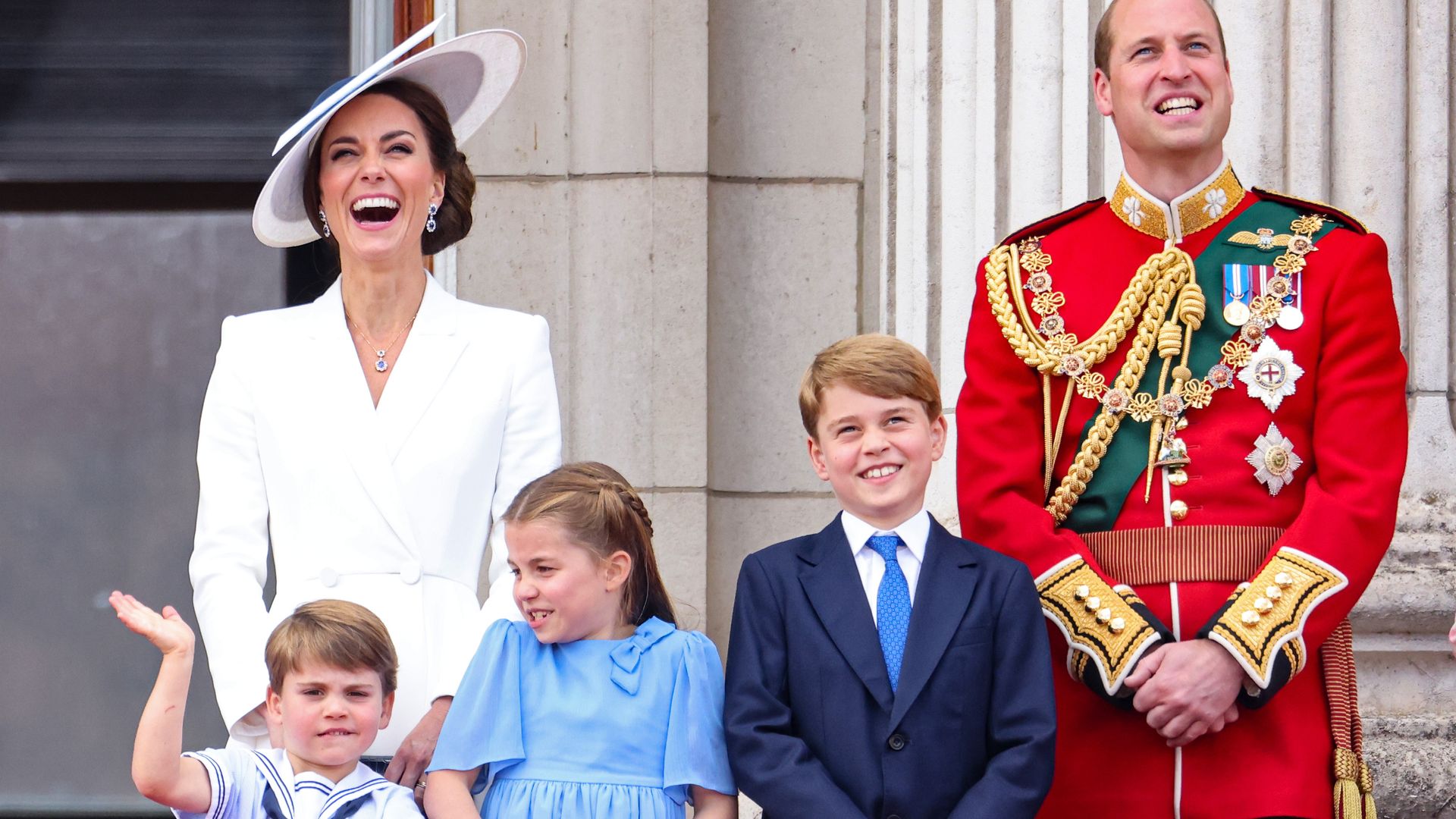 The Prince and Princess of Wales, Prince George, Princess Charlotte and Prince Louis watch the RAF flypast on the balcony of Buckingham Palace during the Trooping the Colour parade on June 02, 2022 in London, England.