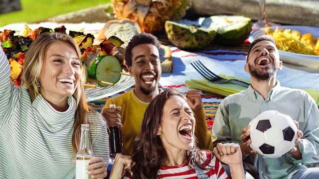 People celebrating against food backdrop