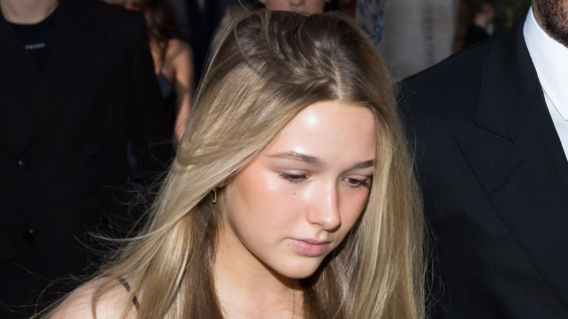 Harper Beckham and David Backham are seen during the Womenswear Fall/Winter 2025/2026