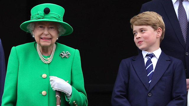 Prince George and Queen Elizabeth on the balcony of Buckingham Palace