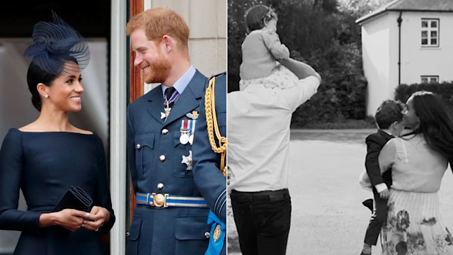 Harry and Meghan on balcony and with Archie and Lilibet at Frogmore