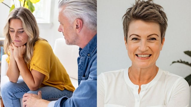split screen of a woman with short hair and a couple talking 