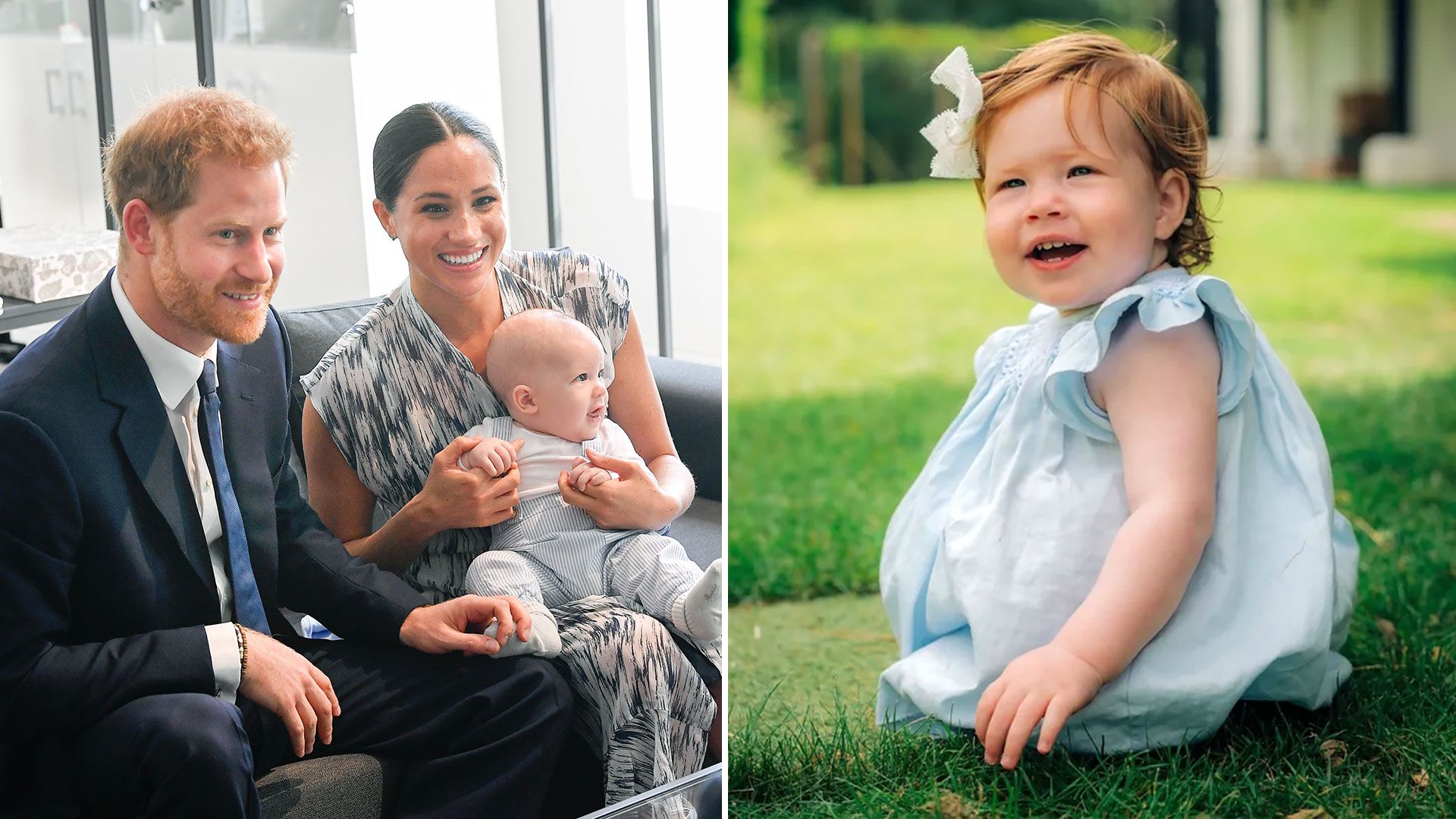 harry and meghan with archie split with lilibet on grass