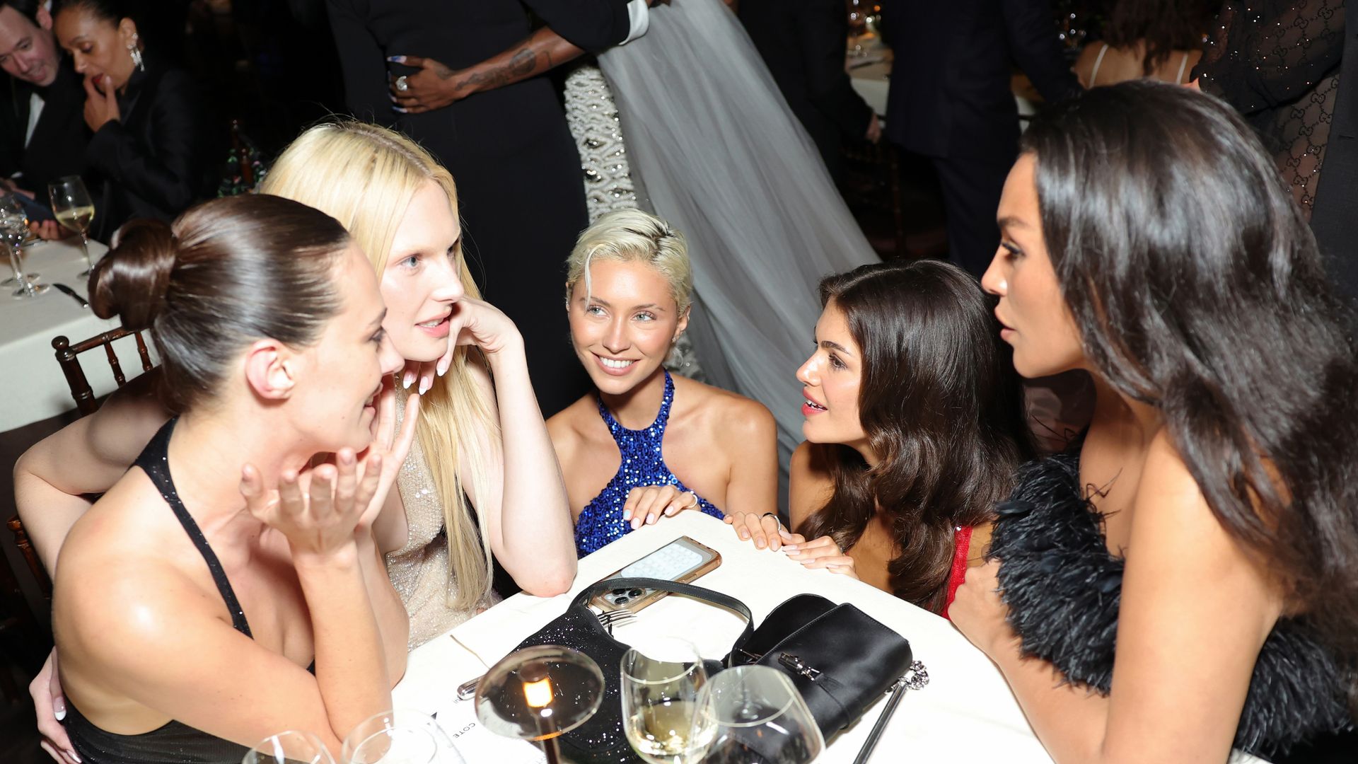 Devon Lee Carlson, Alex Consani, Iris Law, Kaia Gerber and Paloma Elsesser, all wearing Gucci, attend the 2025 LACMA Art+Film Gala, Presented By Gucci at Los Angeles County Museum of Art on November 01, 2025 in Los Angeles, California.