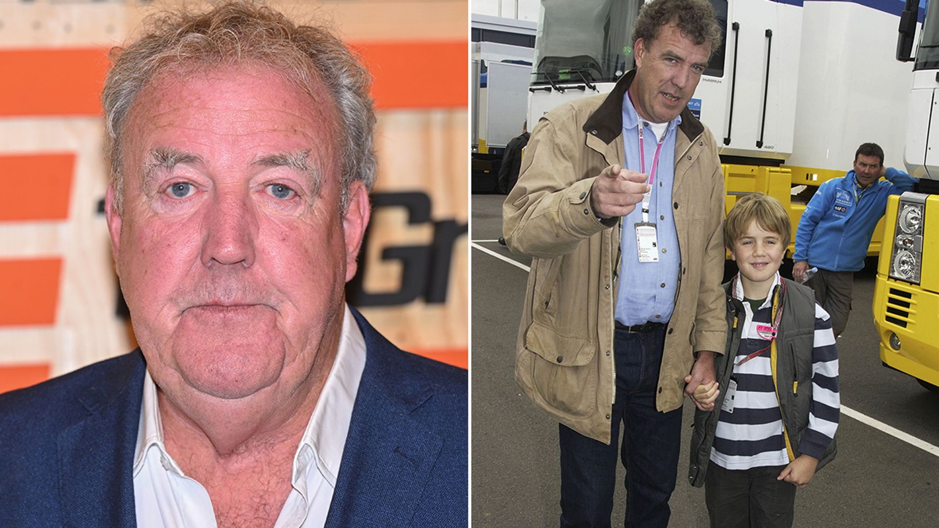 Split image of Jeremy Clarkson now and one of him with his young son