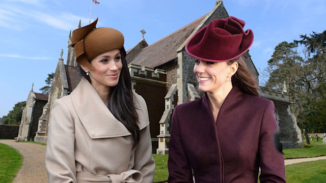 Princess Kate and Meghan Markle with church backdrop