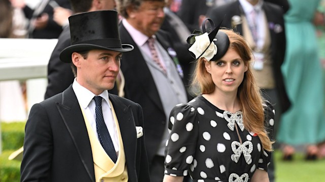 Princess Beatrice in a polka dot dress with a Philip Treacy fascinator with Edoardo