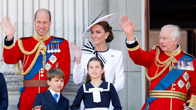 Prince William, Princess Kate and King Charles waving