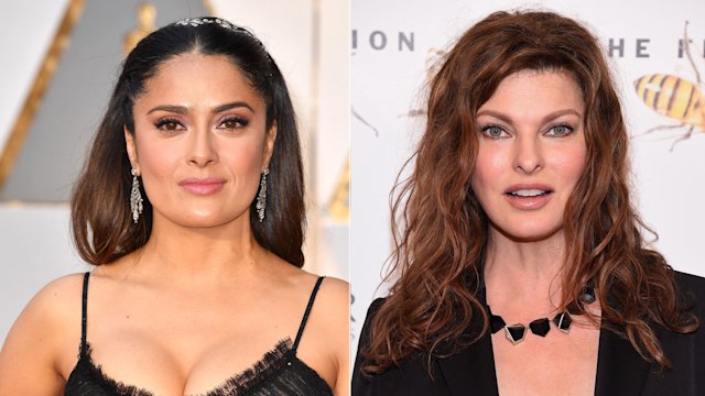 A split picture of Salma Hayek and Linda Evangelista