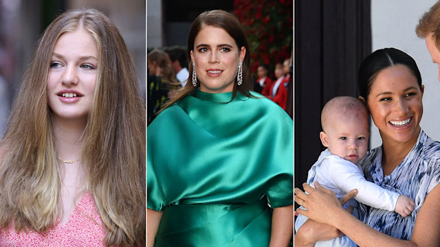 Split image of Princess Leonor, Princess Eugenie and Meghan Markle holding Prince Archie