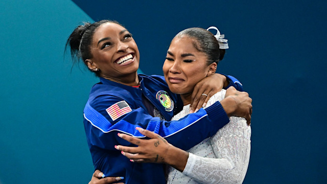 Jordan Chiles of the United States is congratulated by teammate Simone Biles (L) of the United States after dramatically claiming the bronze medal on a score change after the Women's Floor Final during the Artistic Gymnastics competition at the Bercy Arena during the Paris 2024 Summer Olympic Games on August 5th, 2024 in Paris, France.