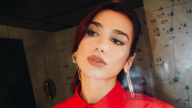 Dua Lipa poses in a red shirt on her Insatgram