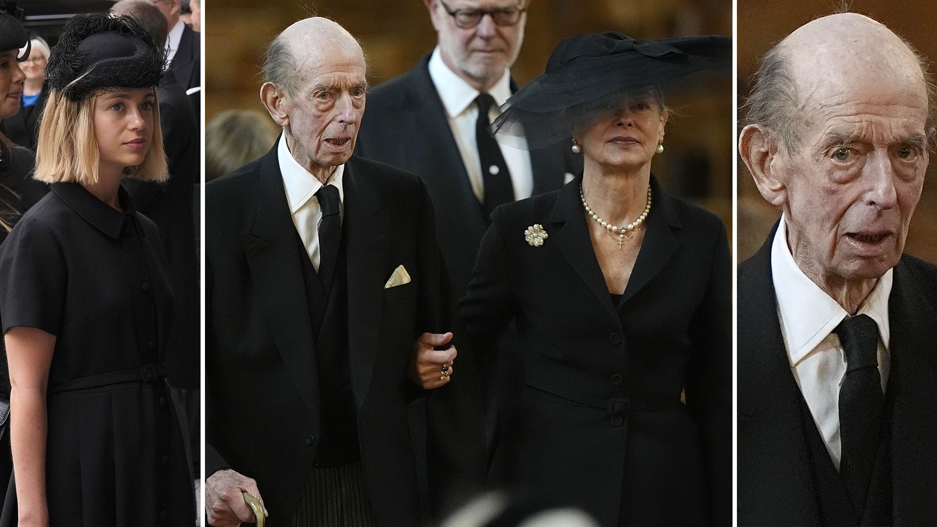 Split screen photo of the Duke of Kent and Amelia Windsor at the funeral of the duchess of kent