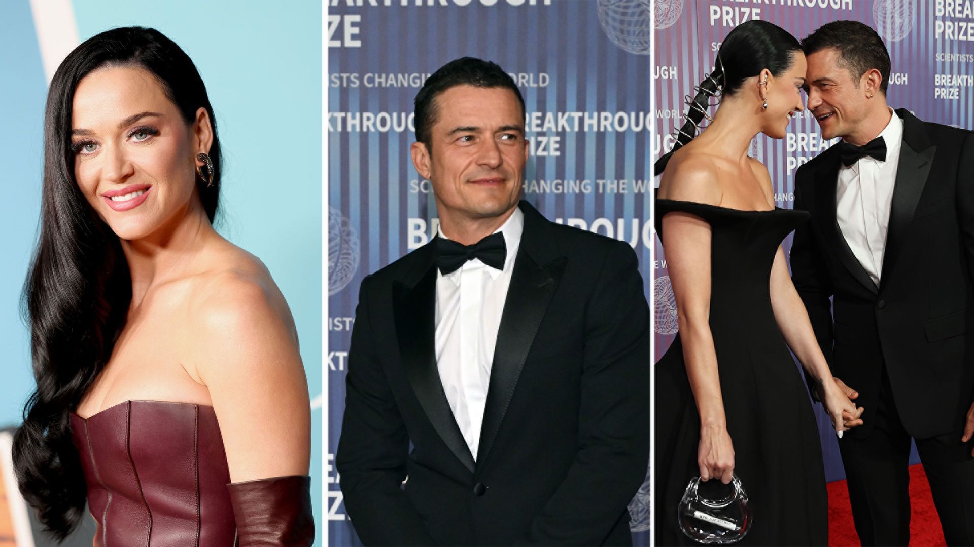 L to R: Katy Perry, Orlando Bloom, and Katy with Orlando putting their heads together on the red carpet