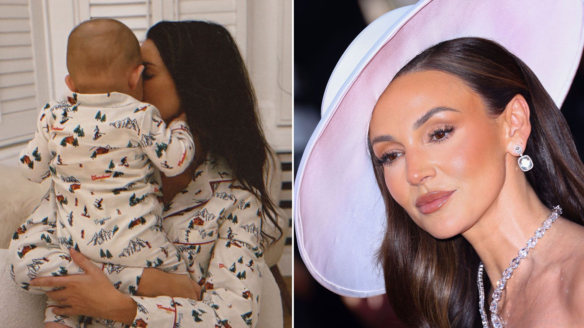 Michelle Keegan holding baby in matching pjs beside picture of michelle wearing white hat