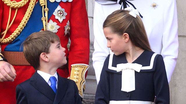 Prince Louis of Wales and Princess Charlotte of Wales on the balcony of Buckingham Palace during Trooping the Colour on June 15, 2024 in London, England. Trooping the Colour is a ceremonial parade celebrating the official birthday of the British Monarch.