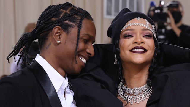 Rihanna and ASAP Rocky in black oufits smiling