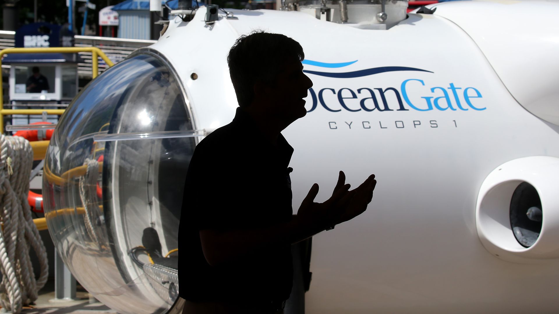 Stockton Rush, OceanGates chief executive, spoke at a press conference said during a press conference next to the Cyclops 1, a five-person sub that was used by OceanGate to capture detailed sonar images of the Andrea Doria shipwreck.