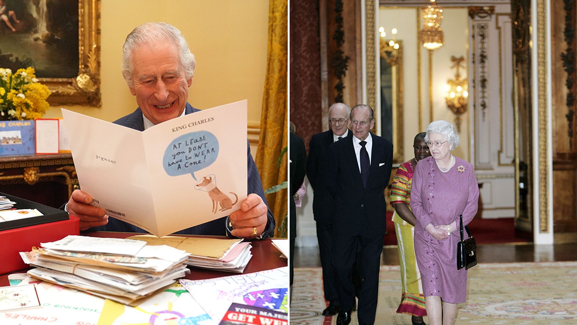 Split image of King Charles, Prince Philip and the Queen inside Buckingham Palace