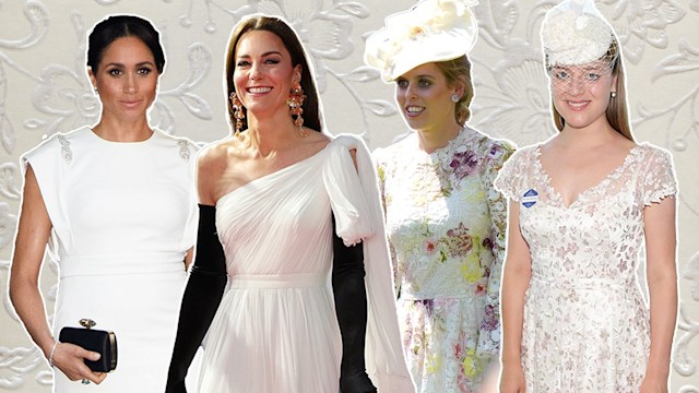 Meghan Markle, Princess Kate, Princess Beatrice and Flora Vesterberg wearing wedding dresses