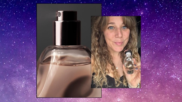 Collage of a selfie and a perfume bottle